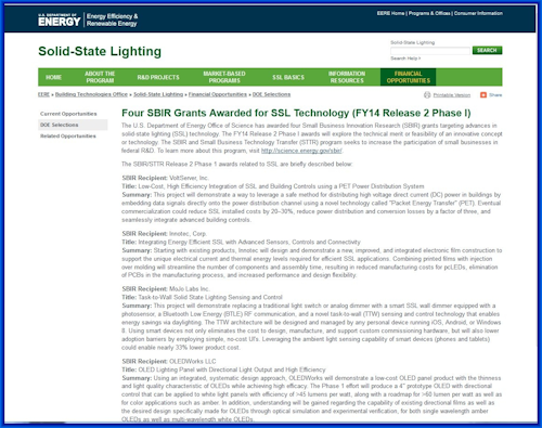 DOE announces SSL SBIR funding, new MYPP, and fact sheet