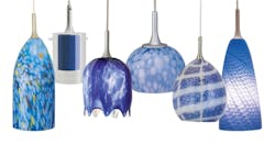 Nora Lighting offers blue pendants in various sizes and light sources