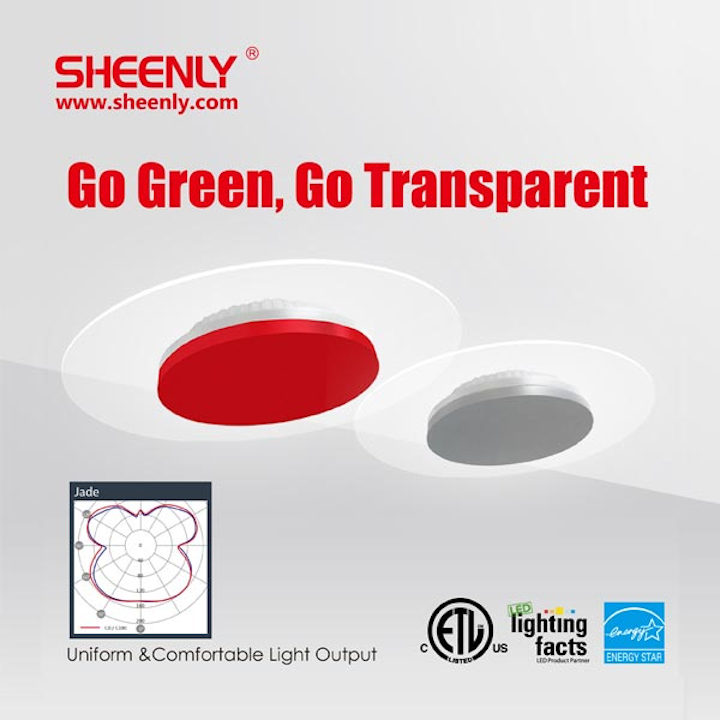 Sheenly's transparent Jade LED ceiling light delivers uniform diffuse light distribution
