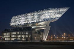 Multiline integrated LED light engines supplied by Tridonic into unusual angular architectural lighting configurations in the Havenhuis building