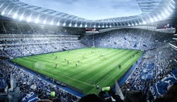 As this rendering from the Tottenham Hotspur website shows, the team does indeed plan to illuminate the playing field. But the lights won&apos;t come from &ldquo;official lighting partner&rdquo; Zumtobel, who will be busy with LED lighting in other parts of the sports and entertainment complex. (Image credit: Tottenham Hotspur.)