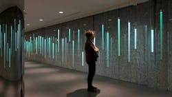 Colorspace, an artistic LED lighting installation, can be controlled by nearby users via text messages to allow interactive crowd capability.