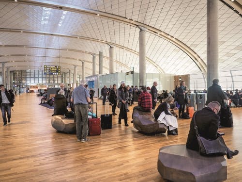The tunable lighting at Oslo&apos;s new Terminal 2 changes color temperature depending on natural light conditions.