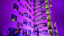 In the millennial-targeted Moxy hotel in San Diego&rsquo;s Gaslamp Quarter, guestrooms surround a courtyard-like space where an LED-based architainment feature rises from the hotel lobby below through a glass ceiling, delivering dynamic shows conceived to evoke images such as a stream or waterfall. The dynamic RGB-LED-based system was created by Moment Factory and crafted by Digital Ambiance to be a &ldquo;hero centerpiece fixture&rdquo; to be enjoyed by guests. (Photo credit: J Street Hospitality.)