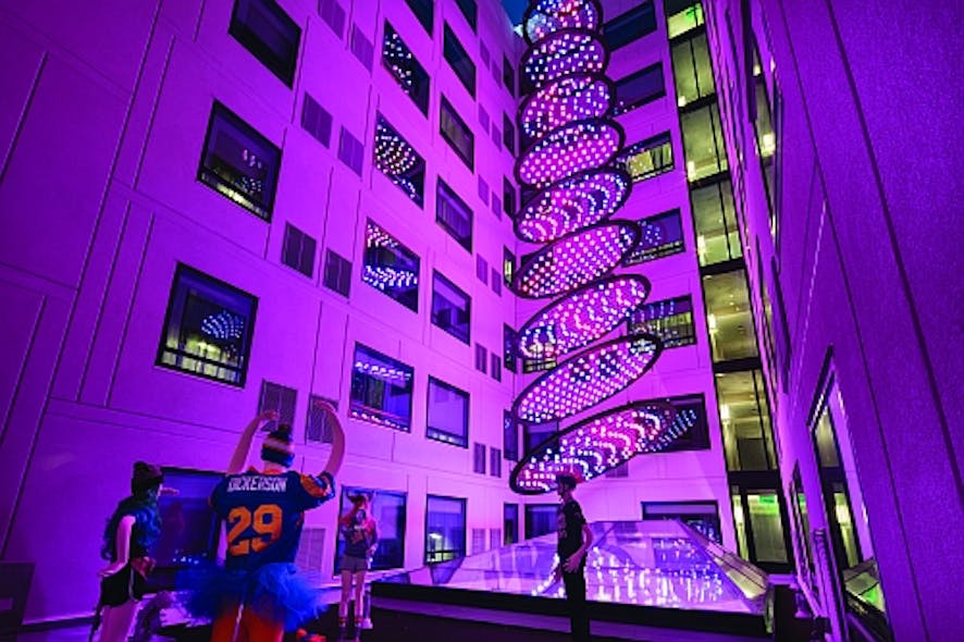 In the millennial-targeted Moxy hotel in San Diego&rsquo;s Gaslamp Quarter, guestrooms surround a courtyard-like space where an LED-based architainment feature rises from the hotel lobby below through a glass ceiling, delivering dynamic shows conceived to evoke images such as a stream or waterfall. The dynamic RGB-LED-based system was created by Moment Factory and crafted by Digital Ambiance to be a &ldquo;hero centerpiece fixture&rdquo; to be enjoyed by guests. (Photo credit: J Street Hospitality.)
