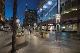 FIG. 6. LED lighting restored the ambience of earlier incandescent days at the Denver 16th Street Mall (bottom), whereas an HPS stage (top) had not gone well at the popular outdoor site.