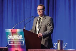FIG. 7. Philip Smallwood of Strategies Unlimited closed Strategies in Light 2019 with a special final-day Plenary Session and presented the annual top-ten list of LED manufacturers, among other market data.