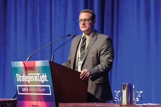 FIG. 7. Philip Smallwood of Strategies Unlimited closed Strategies in Light 2019 with a special final-day Plenary Session and presented the annual top-ten list of LED manufacturers, among other market data.