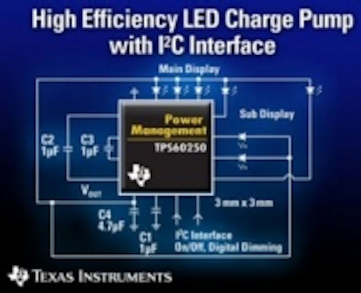 TI highefficiency charge pump with I2C interface drives seven white