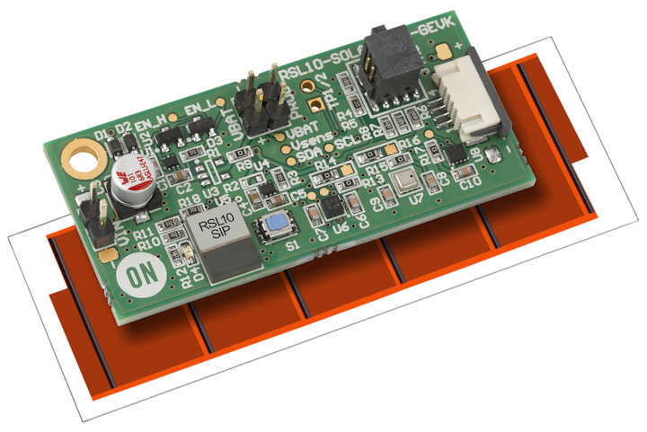 The ON Semiconductor multi-sensor platform design includes the company’s RSL10 BLE transceiver plus sensors, all powered by the red solar film (shown at top). The same transceiver is powered kinetically in the company’s design for a wireless light switch (seen below). (Photo credits: Images courtesy of ON Semiconductor.)
