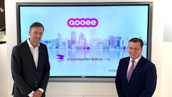 New Gooee CEO Andrew Johnson (r) and Croonwolter president Bas Ambachtsheer had little to say about lighting but talked plenty about smart buildings. Meanwhile, with Johnson joining as CEO, watch for a new chief at Aurora Lighting, where Johnson has been CEO. He founded both companies. (Photo credit: Image courtesy of Gooee.)
