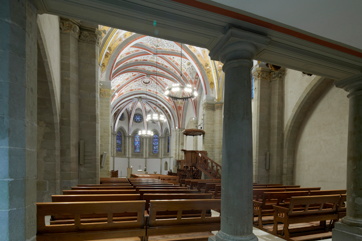 Serene Swiss church is modernized with smart LED lighting and wireless controls while respecting the historic architectural details. (Photo credit: Image courtesy of Tridonic; photography by Thomas Mayer.)