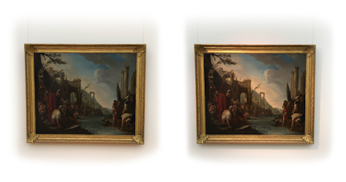 The photographs show Johann Heinrich Schönfeld’s ‘Gideon and his Warriors at the Jordan River’ oil painting exhibited in the Zeppelin Museum without using Optisolis (left) and when using the technology (right).