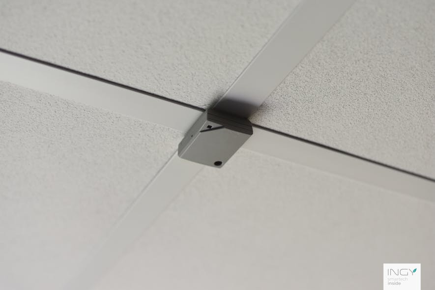 While radio chips and sensors will generally reside in the LED luminaires, sometimes UMC will mount them independent of the lights, such as this ceiling-mounted beacon from Ingy.