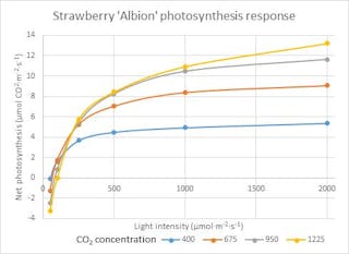 FIG. 2. Light and CO2 response can be measured for photosynthesis of the strawberry crop &ldquo;Albion,&rdquo; using a portable photosynthesis system. (Image credit: Graph courtesy of Jonathan Allred, PhD student, GLASE, Cornell University.)