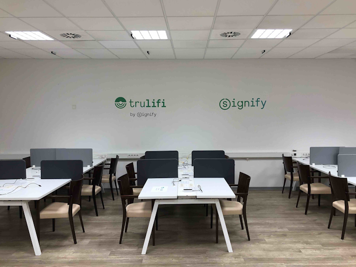 Reporters who sit under these lights in the press center at Hamburg’s Volkspark Stadium can use them to send their stories via Li-Fi. (Photo credit: Image courtesy of Signify.)