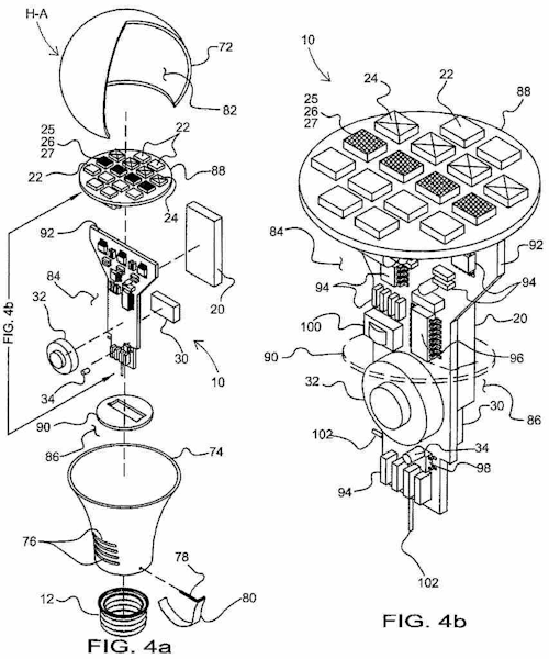Figures 4a and 4b from U.S. Patent No. 9,747,763 show the components that make up a combination LED bulb and smoke/CO/gas detector.