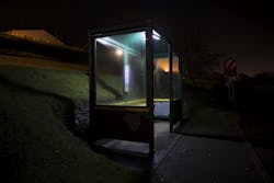 A rural shelter on the Isle of Man illuminated by the Zeta Solar Shelter Lighting Kit