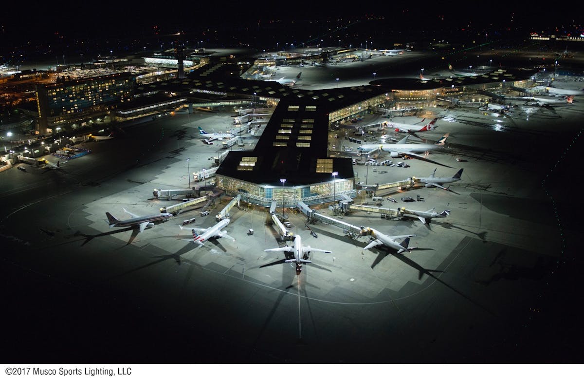 The remarkable uniformity and light quality of Musco&rsquo;s TLC for LED&trade; virtually eliminates glare and off-site spill, enhancing operations for pilots, air traffic controllers, and ground staff. Photo: Musco Lighting