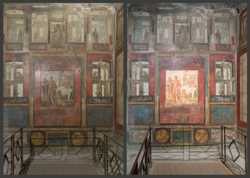 Casa dei Vettii murals in Pompeii illuminated by conventional LEDs (left) and SunLike Series natural spectrum LEDs (right)