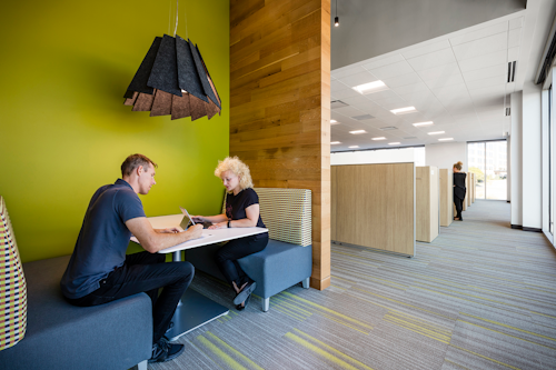 Employees at the Netscout Texas headquarters are working under human-centric lighting in what supplier Eureka Lighting calls an “employee-centric design,” which combines glare-minimizing features for eye comfort with acoustic muting capability to enable collaboration in a communal workspace. (Photo credit: Image courtesy of Eureka Lighting.)