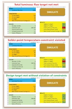FIG. 2. A spreadsheet-based application supports assessing basic luminaire design alternatives through virtual prototyping using Delphi4LED-style compact models. FIG. 2. A spreadsheet-based application supports assessing basic luminaire design alternatives through virtual prototyping using Delphi4LED-style compact models.