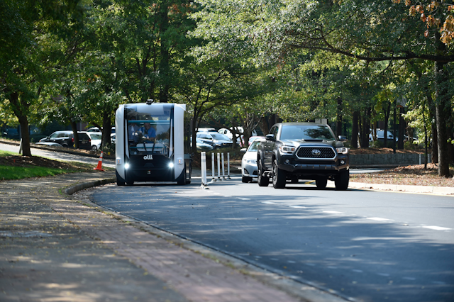 FIG. 3. An autonomous vehicle proceeds along a test track at the Curiosity Lab at Peachtree Corners, GA with 5G cellular used for vehicle communications. (Photo credit: Image courtesy of the Curiosity Lab.)