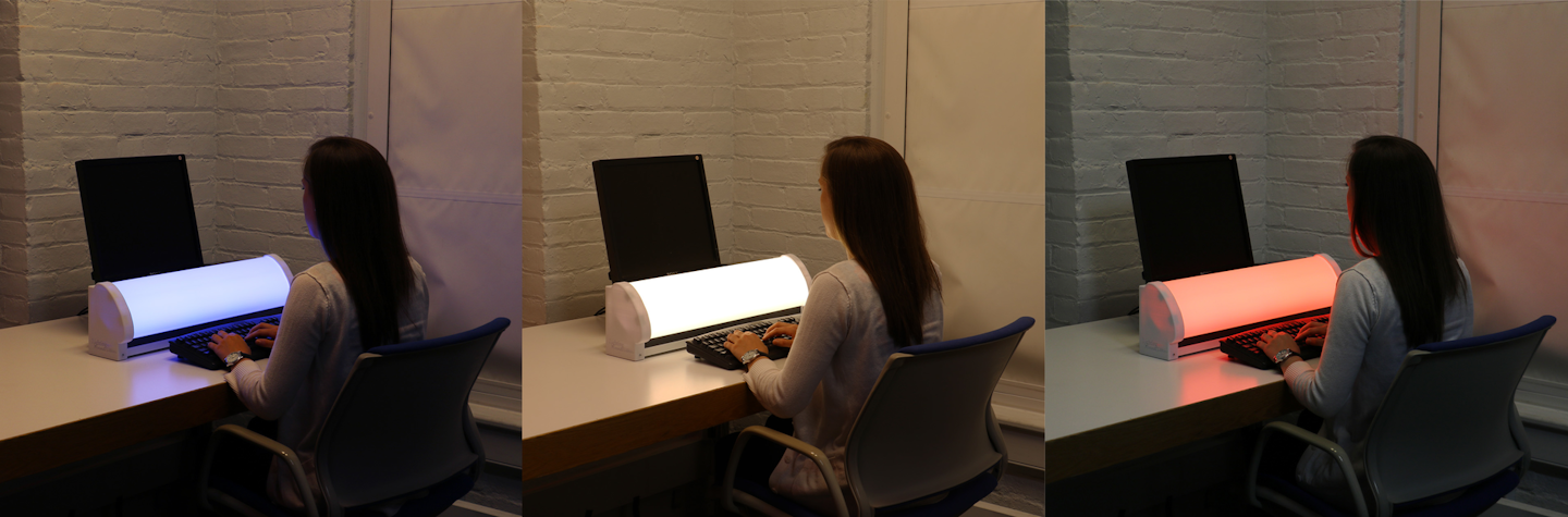 In a recent study done in partnership with the General Services Administration (GSA), the Lighting Research Center field tested an LED luminaire that delivered blue, white, and red light at specified intervals to determine the effects on alertness and sleep cycles. (Photo credit: Images courtesy of the Lighting Research Center.)