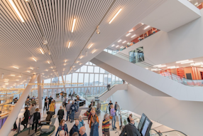 More than 1000 tunable white luminaires use eldoLED&rsquo;s DALI-2 DT8 compliant driver technology at the multifunctional commercial complex Forum Groningen in the Netherlands. (Photo credit: Image courtesy of Forum Groningen.)