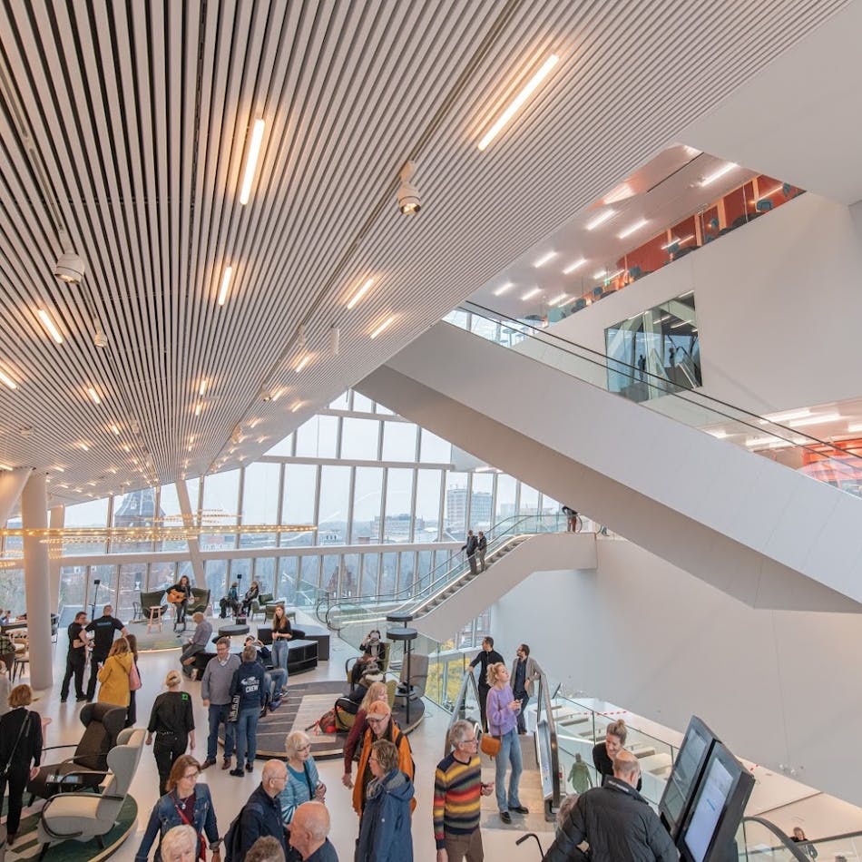 More than 1000 tunable white luminaires use eldoLED&rsquo;s DALI-2 DT8 compliant driver technology at the multifunctional commercial complex Forum Groningen in the Netherlands. (Photo credit: Image courtesy of Forum Groningen.)