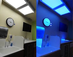 Recent research published by the Lighting Research Center in the journal Lighting Research &amp; Technology centered on using a hybrid luminaire with visible white-light (left) and UV-A (right) channels in a hospital disinfection study. (Photo credit: Images courtesy of the Lighting Research Center.)