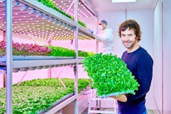 It&rsquo;s Luca, lights, and lettuce as Planet Farms co-founder Luca Travaglini shows off a tray of baby leaf lettuce, next to racks of red mustard and arugula under Signify LEDs. (Photo credit: Image courtesy of Signify.)