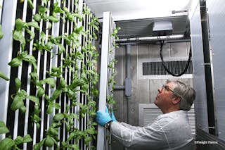 Vertical-farm supplier Freight Farms has received $15M in Series B funding from investment first Ospraie Ag Science for its all-in-one, shipping-container-based agriculture model. (Photo credit: Image courtesy of Freight Farms.)