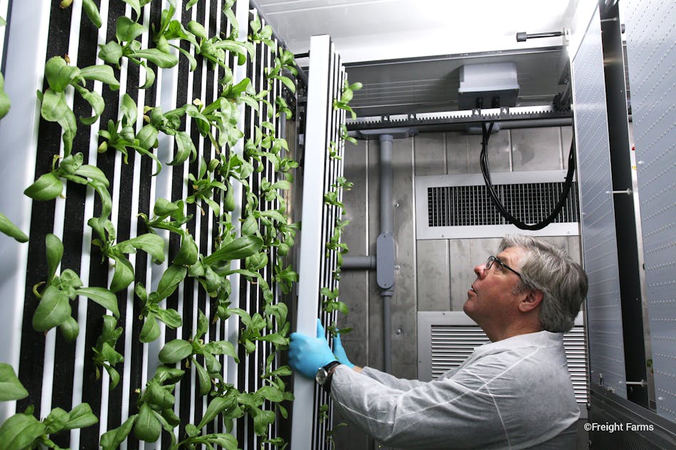 Vertical-farm supplier Freight Farms has received $15M in Series B funding from investment first Ospraie Ag Science for its all-in-one, shipping-container-based agriculture model. (Photo credit: Image courtesy of Freight Farms.)