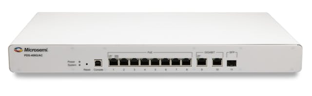 FIG. 2. Power over Ethernet (PoE) switch technology has evolved to produce more power per port to support larger-scale networks that enable smart buildings. The PDS-408G is a 480W (total) fan-less switch, designed to be deployed in the ceiling or in communications rooms. [Photo credit: Image from Microchip Technology (through Microsemi); used with permission from https://bit.ly/2XhWSok.]