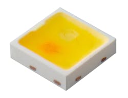 FIG. 3. In the Nichia 2-for-1 LED intended for tunable applications, you can see to the left side of the LED a small area of deeper orange/red color, which is the warm-white LED in the two-emitter package. (Photo credit: Image courtesy of Nichia.)