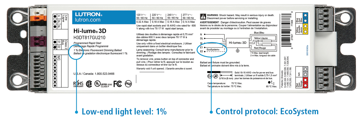 FIG. 4. An example ballast shows low-end light level and control type.