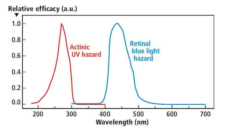 FIG. 2. Hazard weighting functions demonstrating the strong spectral dependence of photochemical interactions.