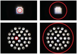 FIG. 5. In each pair of images, the red circles show the measurement fields of view for true (left) and physiological (right) radiance. For true radiance measurements, the circle encompasses only the light-emitting area, while the physiological radiance is an average of the true source radiance and the dark background. FIG. 5. In each pair of images, the red circles show the measurement fields of view for true (left) and physiological (right) radiance. For true radiance measurements, the circle encompasses only the light-emitting area, while the physiological radiance is an average of the true source radiance and the dark background.