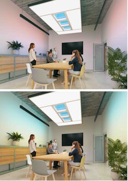 In this mockup, Lightscape (the linear black bar on the upper lefthand and righthand sides) is delivering a pinkish light scene (top), compared to the blue-green scene in the same setting (bottom). The artificial skylights, surrounded by the luminaires, are in the top center. (Photo credit: Images courtesy of Signify.)
