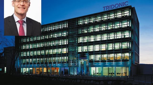 Zumtobel&rsquo;s IoT and lighting controls arm, Tridonic, has appointed Hugo Rohner as its CEO beginning today, May 1. (Photo credits: Tridonic Headquarters, Dornbirn, Austria by Jam Meier; available in the public domain via Wikimedia Commons; https://commons.wikimedia.org/wiki/File:Tridonicgebaeude.jpg. Hugo Rohner image courtesy of Tridonic.)