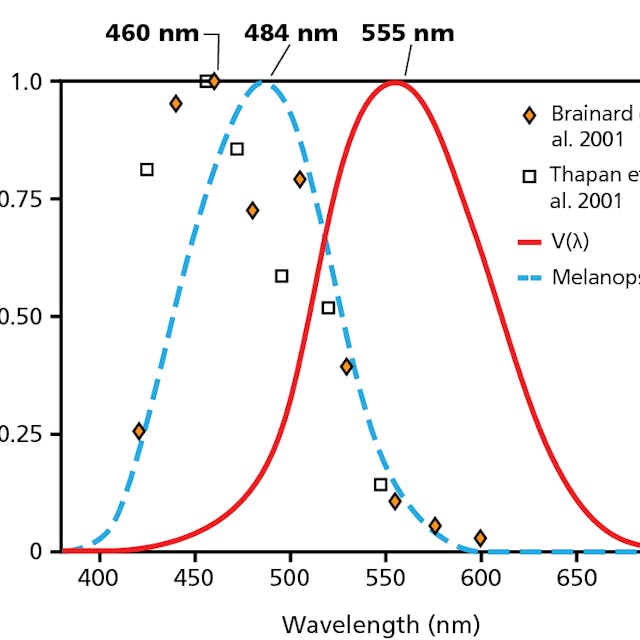 Nocturnal melatonin suppression to narrowband light sources from two independent studies [8,9] shows a peak sensitivity at approximately 460 nm. Also shown are the photopic luminous efficiency function peaking at 555 nm and the action spectrum for melanopsin peaking at approximately 480 nm. [Image credit: Illustration courtesy of Mark Rea, the Lighting Research Center (LRC).]