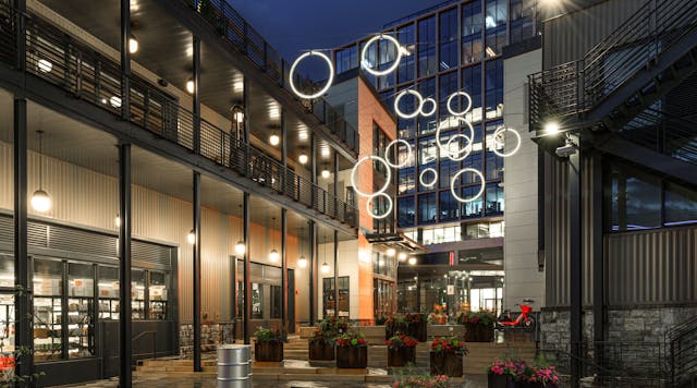 At The Wharf in Washington, DC, iLight&rsquo;s Plexineon LED rings create a unique yet useful feature of interest, conceived by Gilmore Lighting Design to bring more foot traffic to the entry plaza. (Photo credit: Image courtesy of iLight.)