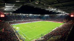 The LED experience continues its advance into sports-lighting projects. At the Opel Arena in Mainz, Germany, 220 Thorn Lighting LED luminaires and a DMX control system enable the FSV Mainz 05 Football Club venue to improve broadcast quality as well as visibility for players and on-site spectators. (Photo credit: Image courtesy of Thorn Lighting, a Zumtobel business unit.)