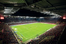 The LED experience continues its advance into sports-lighting projects. At the Opel Arena in Mainz, Germany, 220 Thorn Lighting LED luminaires and a DMX control system enable the FSV Mainz 05 Football Club venue to improve broadcast quality as well as visibility for players and on-site spectators. (Photo credit: Image courtesy of Thorn Lighting, a Zumtobel business unit.)