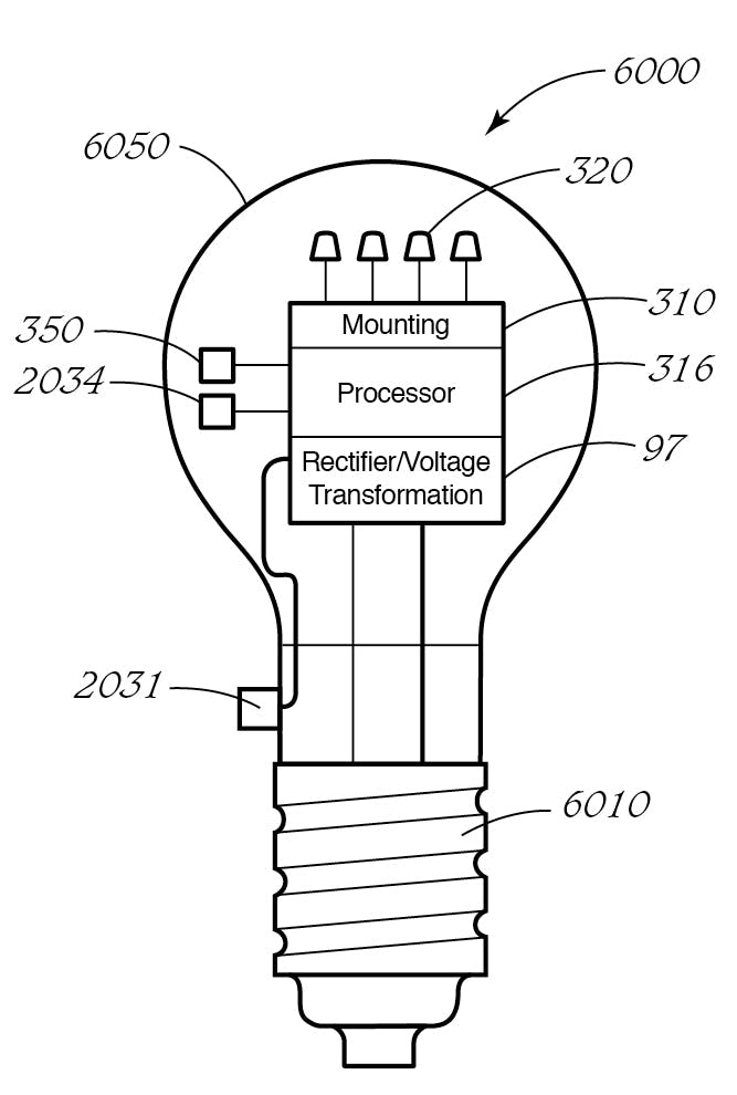 FIG. 2. An Edison retrofit lamp concept was filed in the year 2000 despite the fact that LEDs had yet to reach viability in general illumination usage. Although the concept was not yet supported, the inventor was able to file without showing a workable prototype. [Image credit: Illustration from US Patent No. 7,350,936 issued to Ducharme et al. on Apr. 1, 2008; claiming priority to Nov. 18, 1999 (https://bit.ly/326IS1s).]