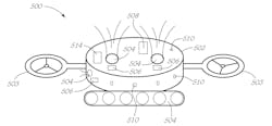 FIG. 3. In an example of prior publication, this UV-C flying robot vacuum, while not likely to ever get off the ground in a literal sense, may have claim to the prior art of a flying UV-C emitting device, and that could prevent the quadcopter invention from being patented. [Image credit: Illustration (Fig. 9) from US Patent Application Publication No. 2019/0134242 made by Bonutti et al. on May 9, 2019; filed July 2, 2018 (https://bit.ly/3kZPXcT).]