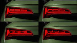 These are some of the different &ldquo;signatures&rdquo; available through Audi&rsquo;s &ldquo;digital OLED&rdquo; tail light, with high light and dark contrasts. (Photo credit: Image courtesy of Audi MediaCenter.)