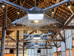 The custom usage of Albeo high-bay LED luminaires from GE Current aligns well with the historic former-freight-depot architecture in a modern update to the Freight events venue in Colorado&rsquo;s Rocky Mountains. (Photo credit: Image courtesy of GE Current, a Daintree company.)