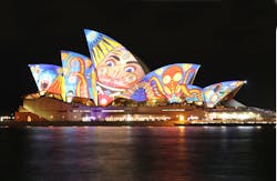 FIG. 3. Projection mapping, or video mapping, at Vivid Sydney, Australia shows how brilliantly colors and optical effects can be rendered with advanced SSL techniques. (Photo credit: Image by Adam.J.W.C. via Wikimedia Commons at https://bit.ly/35zSIwt; used under CC BY-SA 2.5.) FIG. 3. Projection mapping, or video mapping, at Vivid Sydney, Australia shows how brilliantly colors and optical effects can be rendered with advanced SSL techniques. (Photo credit: Image by Adam.J.W.C. via Wikimedia Commons at https://bit.ly/35zSIwt; used under CC BY-SA 2.5.)